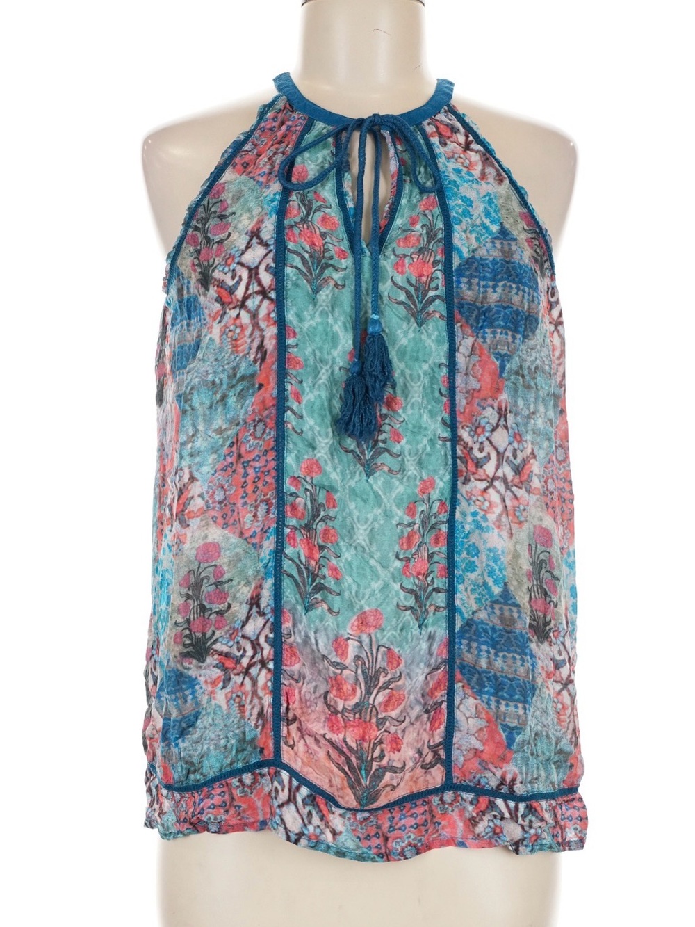 Feathers by Tolani Boho Patchwork Floral Halter Tassel Top M